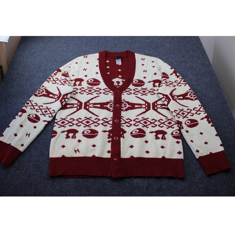 Star Wars Galactic Empire Fair Isle Cardigan Sweater Burgundy Death Star AT-AT L
